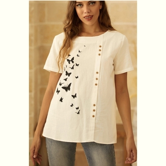 Cotton Butterfly Button Blouse - Picture 1 of 7